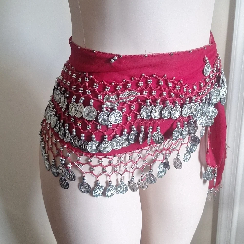 Chiffon 128 Silver Coins Belly Dance Costume Hip Skirt Scarf Wrap Belt And DVD